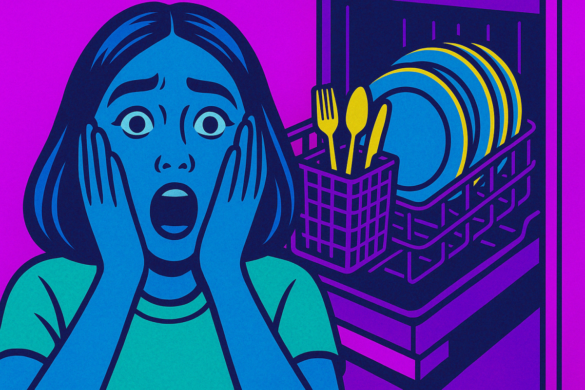 Pop Art Bild einer erschrocken aussehenden Frau im Hintergrund eine offene Spülmaschine