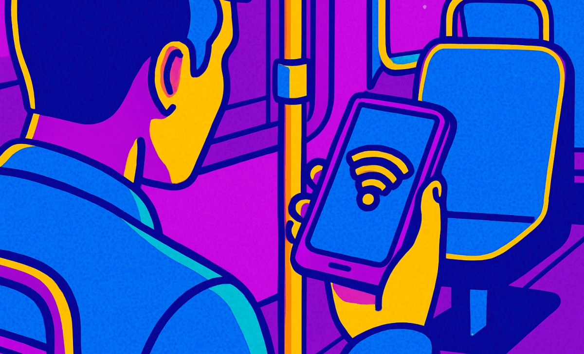 Pop Art Bild eines Mannes, der im Bus sitzt und Handy in der Hand hat, darauf WLAN Symbol