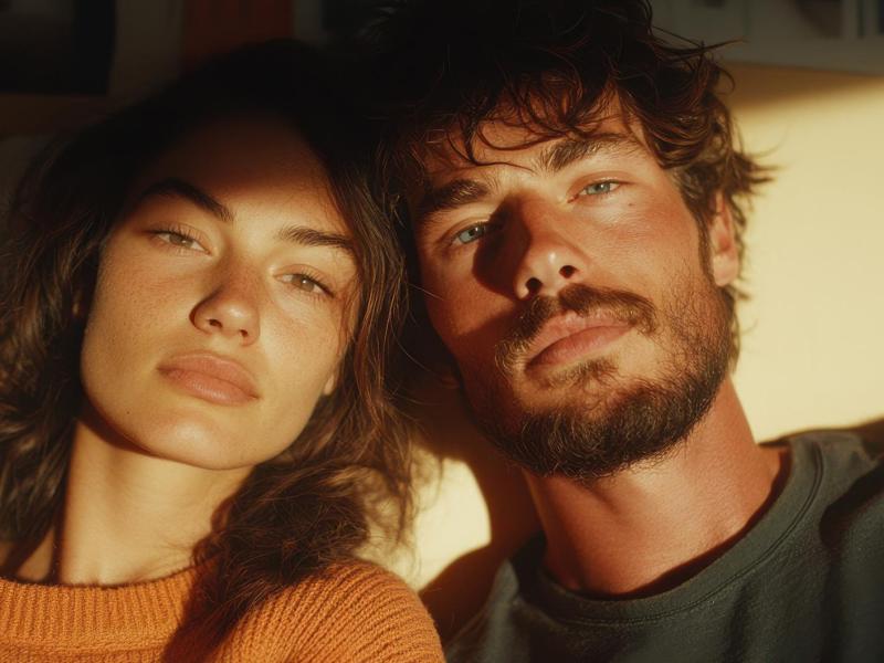 Frau und Mann sitzen eng nebeneinander.