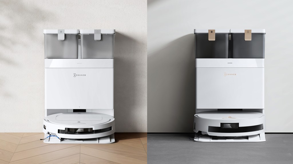 Vergleich von zwei modernen Saugrobotern mit Dockingstationen in heller und dunkler Farbvariante vor minimalistischen Wänden.
