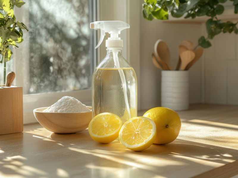 Auf einer Anrichte liegen aufgeschnittene Zitronen, Salz und eine Sprühflasche