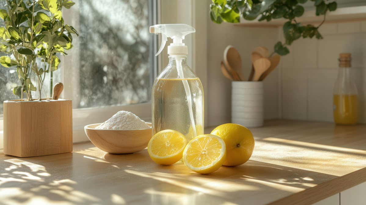Auf einer Anrichte liegen aufgeschnittene Zitronen, Salz und eine Sprühflasche