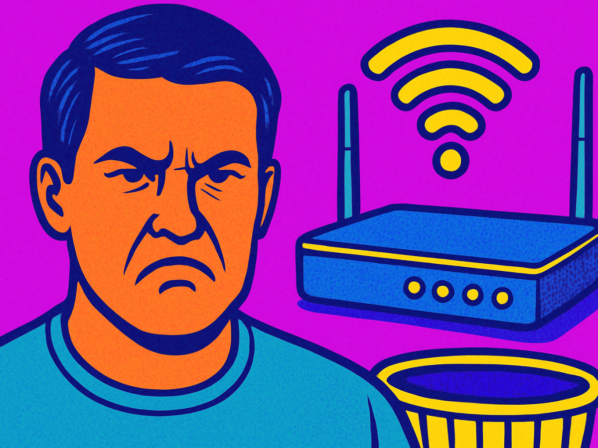 Pop Art Bild eines verärgerten Mannes, dahinter ein WLAN Router