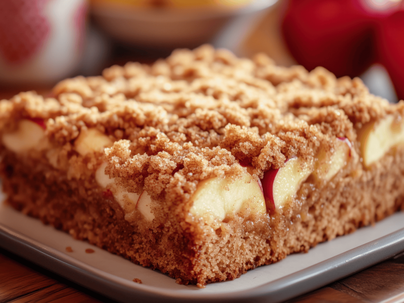 Kuchen mit Apfel und Streusel auf einem kleinen Backblech.