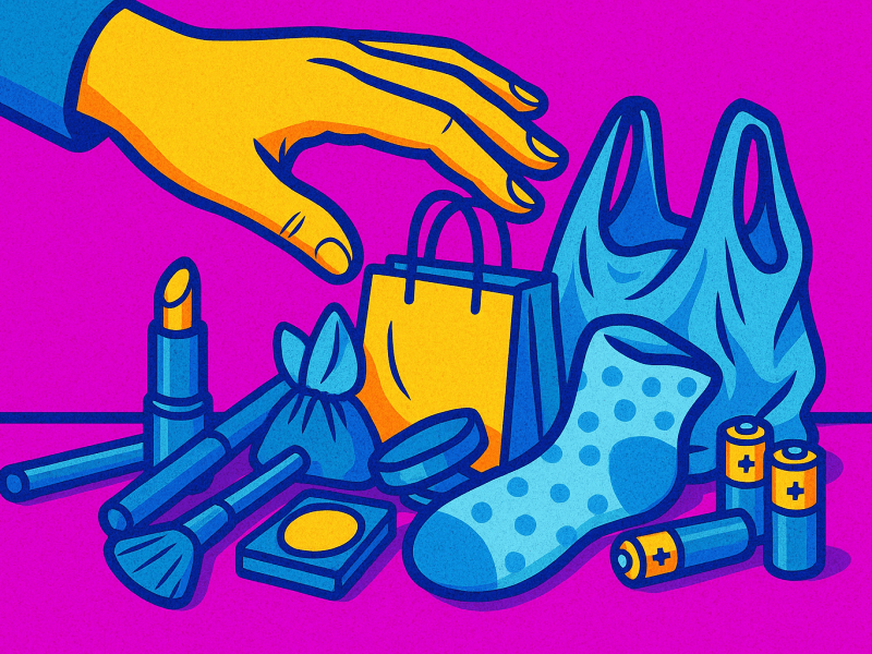 Pop Art Bild einer Hand vor einer chaotischen Sammlung von Batterien, Tüten, Socke und Make-up