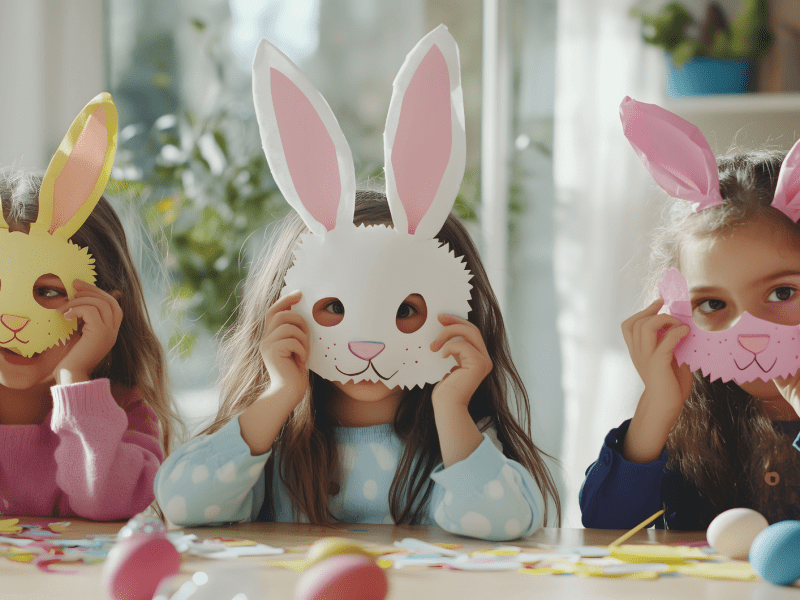 3 Mädchen, etwa 5 Jahre, sitzen am Tisch und halten sich Osterhasen-Masken vor das Gesicht