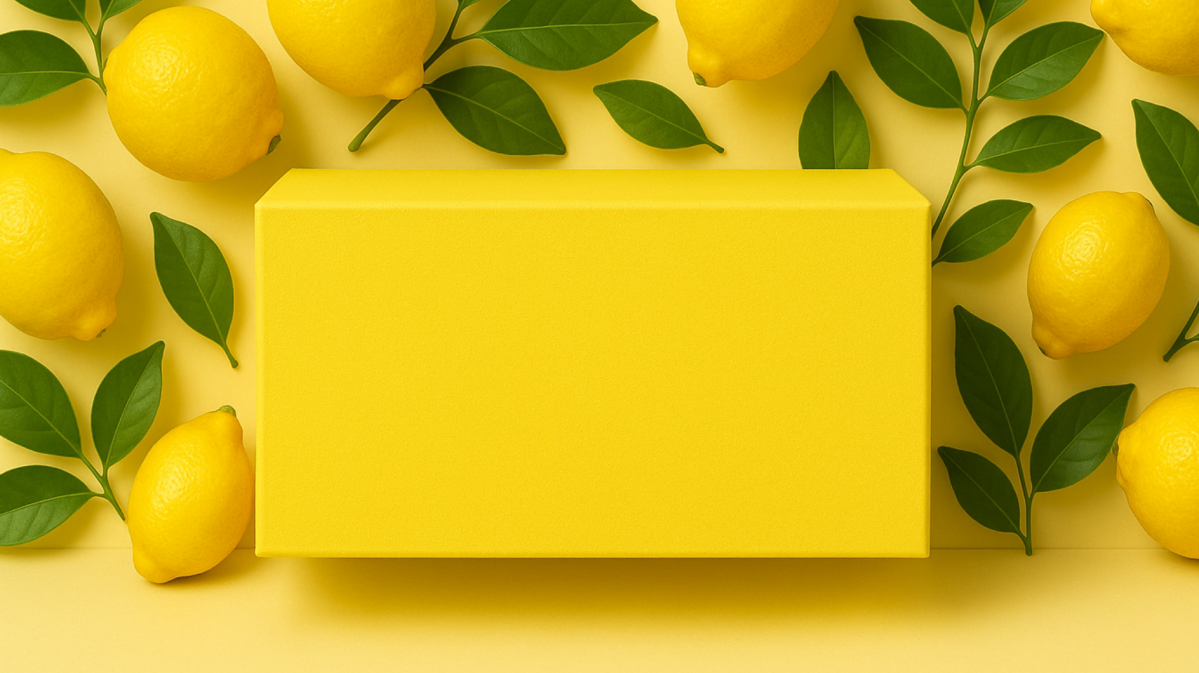 Gelber Schuhkarton mit Zitronen umgeben.