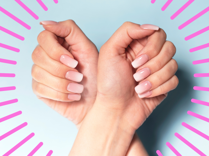 Hände mit Babyboomer Nägel mit pinken Strahlen außen herum