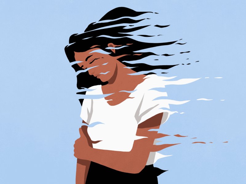 Illustration einer Frau die sich frustriert und mit gesenktem Kopf am Arm hält