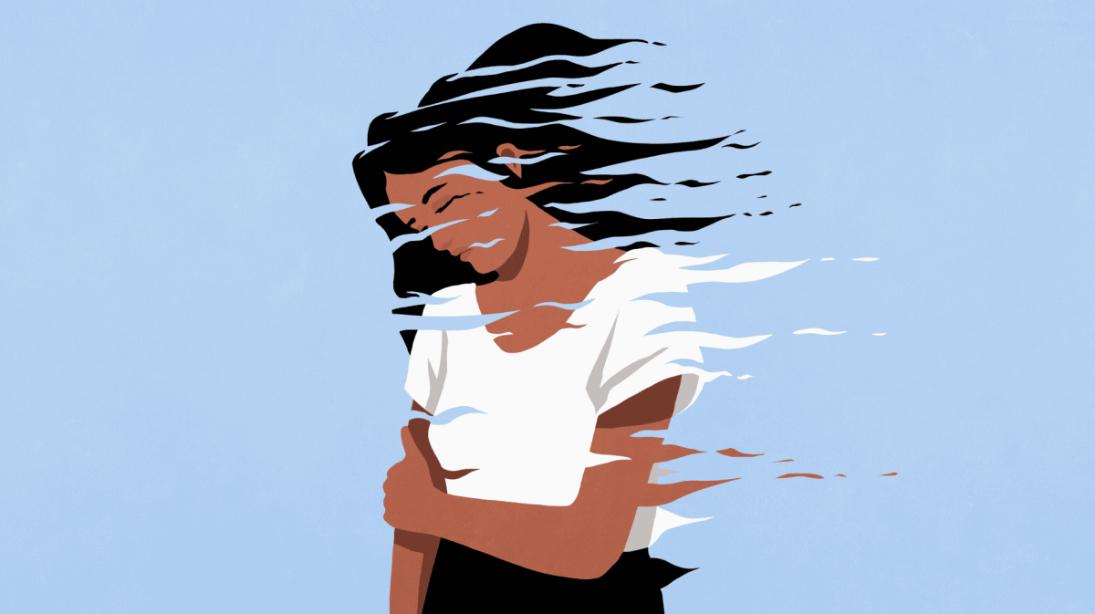 Illustration einer Frau die sich frustriert und mit gesenktem Kopf am Arm hält