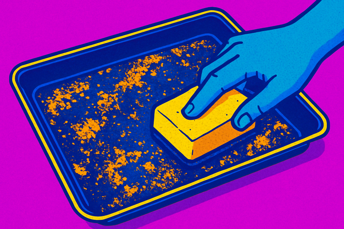 Pop Art Bild eines dreckigen Backblechs, das von Hand mit Schwamm gereinigt wird