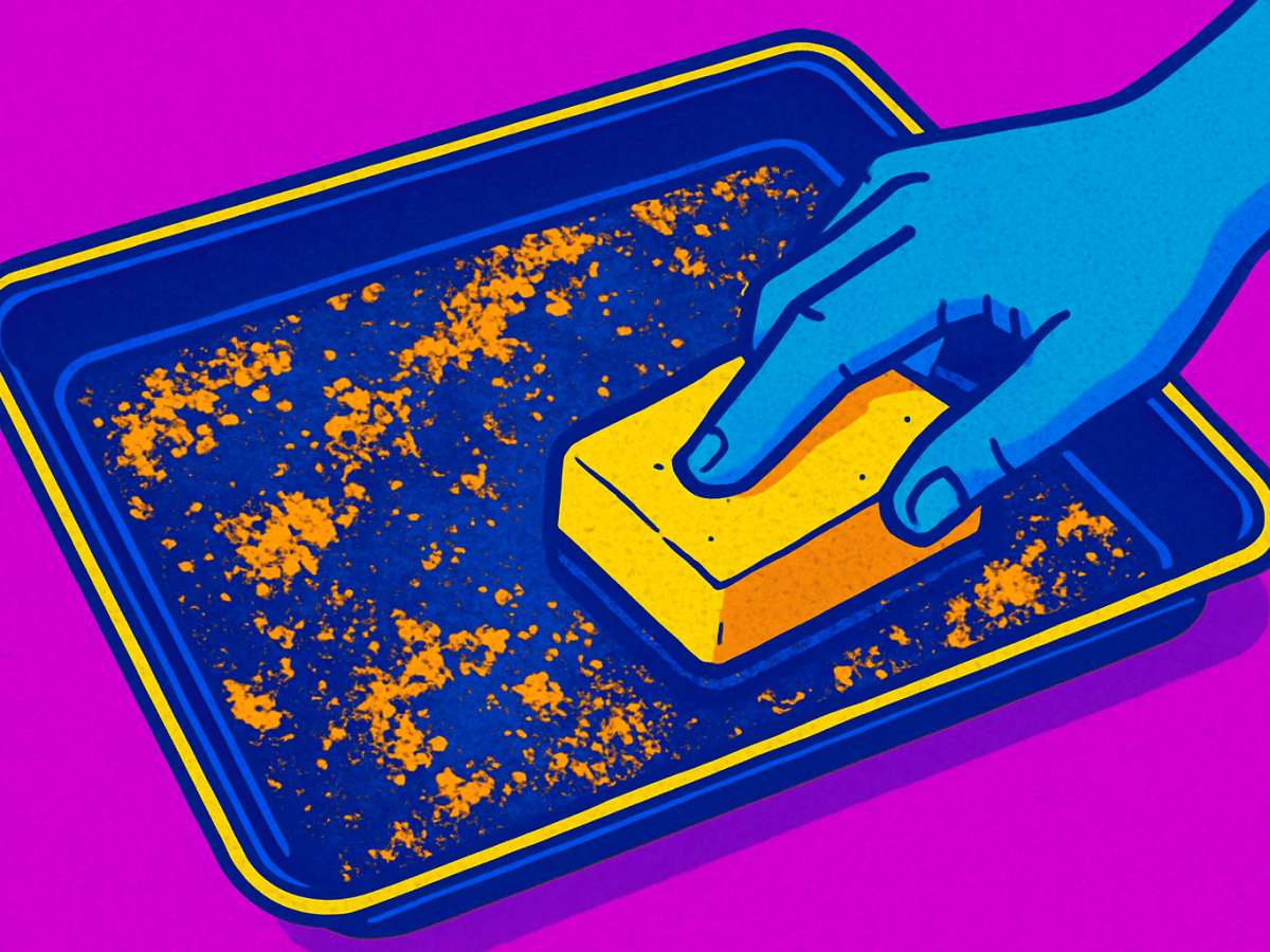 Pop Art Bild eines dreckigen Backblechs, das von Hand mit Schwamm gereinigt wird