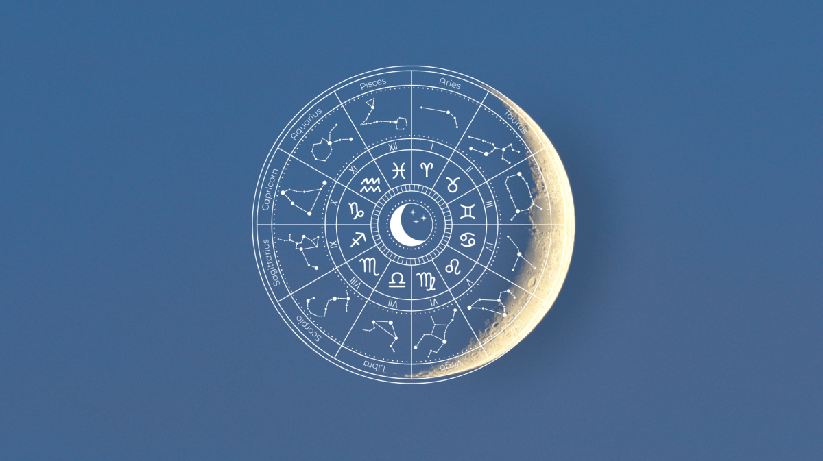 Sternzeichen Elemente vor einer Mond-Sichel.