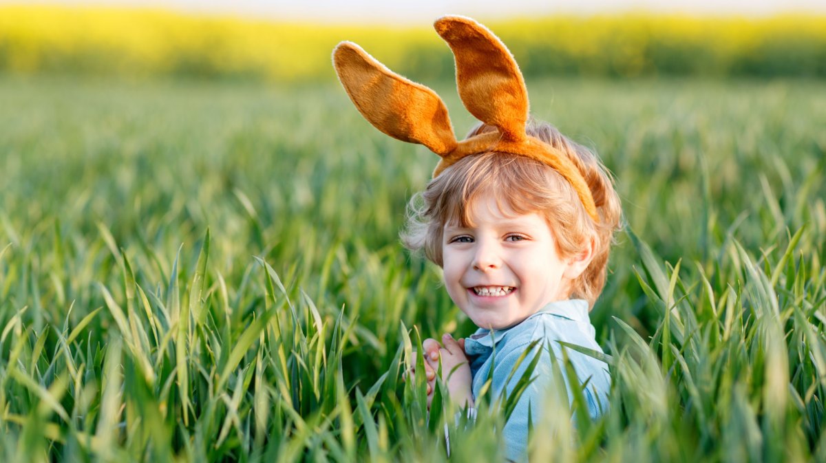 Kleiner Junge trägt braune Hasenohren und steht in einem Feld mit Gras bis hoch zu seinen Schultern.