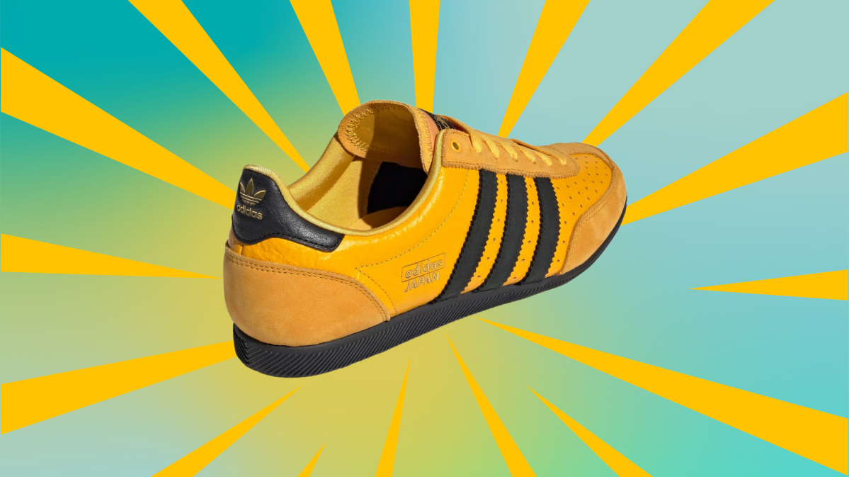 Trend Sneakere Japan von Adidas vor grünem Hintergrund mit gelben Strahlen