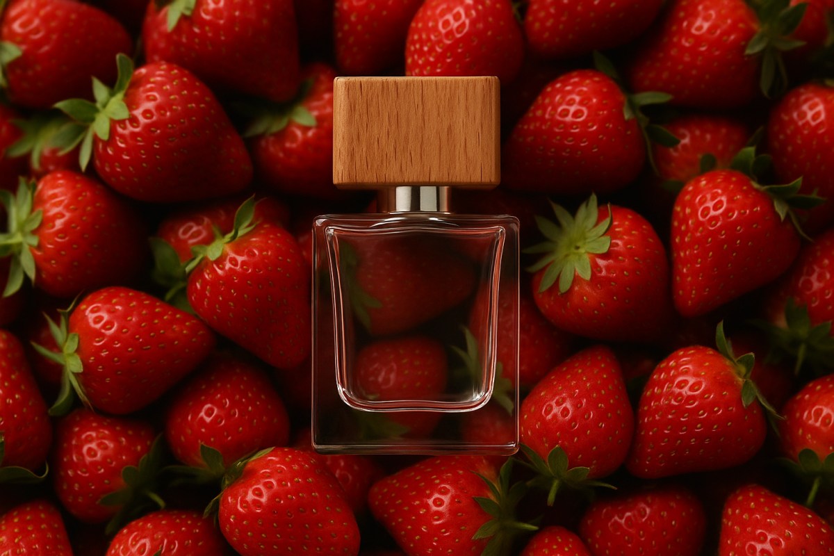 Parfum Flakon inmitten von Erdbeeren