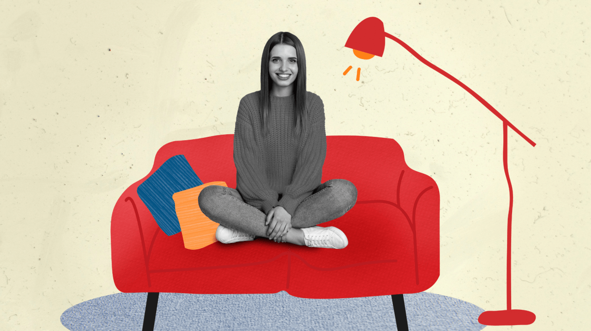 Frau sitzt auf einem roten Sofa - Collage