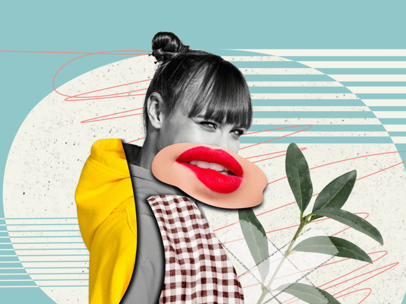 Collage mit einer Frau und einem großen Mund und einer Pflanze