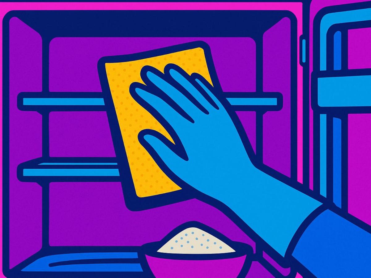 KI-generiertes Comic-Bild, auf dem eine Hand Kühlschrank-Dichtungen reinigt.