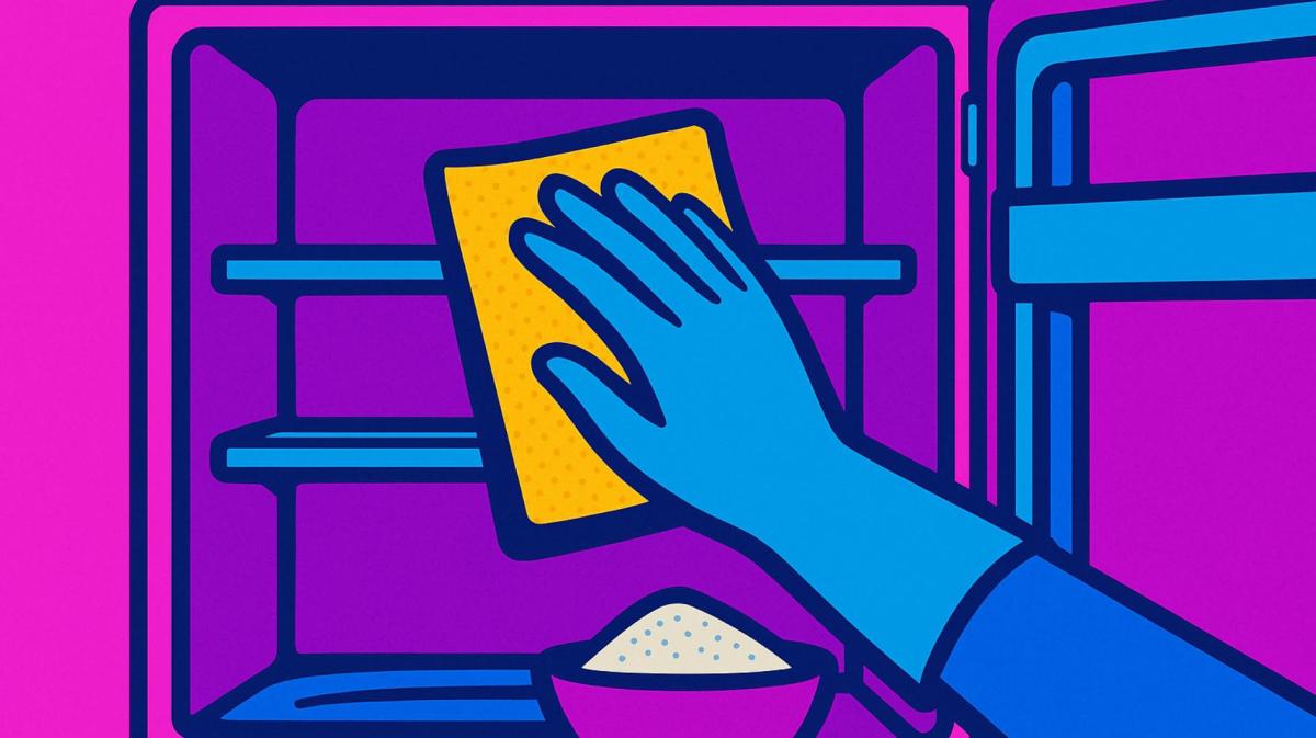 KI-generiertes Comic-Bild, auf dem eine Hand Kühlschrank-Dichtungen reinigt.