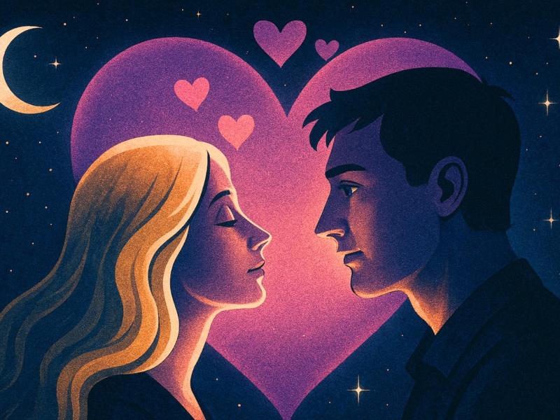 Junge Frau mit langen blonden Haaren und junger Mann mit dunklem Haar blicken sich vor Herz und Sternenhimmel verträumt an.