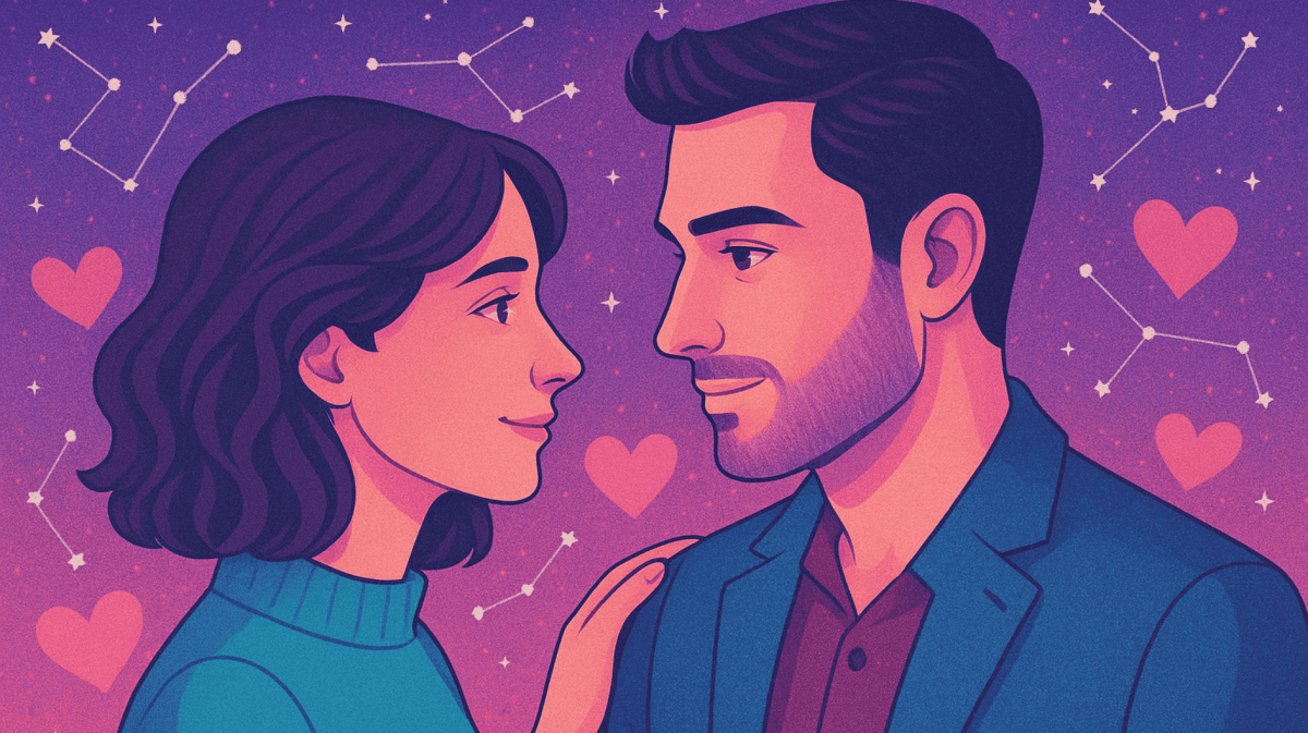 Illustriertes Bild von Mann und Frau, die sich liebevoll in die Augen sehen. Im Hintergrund ein pink-lilaner Himmel mit herzen und Sternbildern.