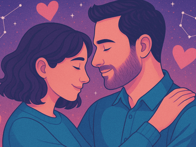 Illustriertes Bild von Mann und Frau mit Herzen und Sternbildern im Hintergrund