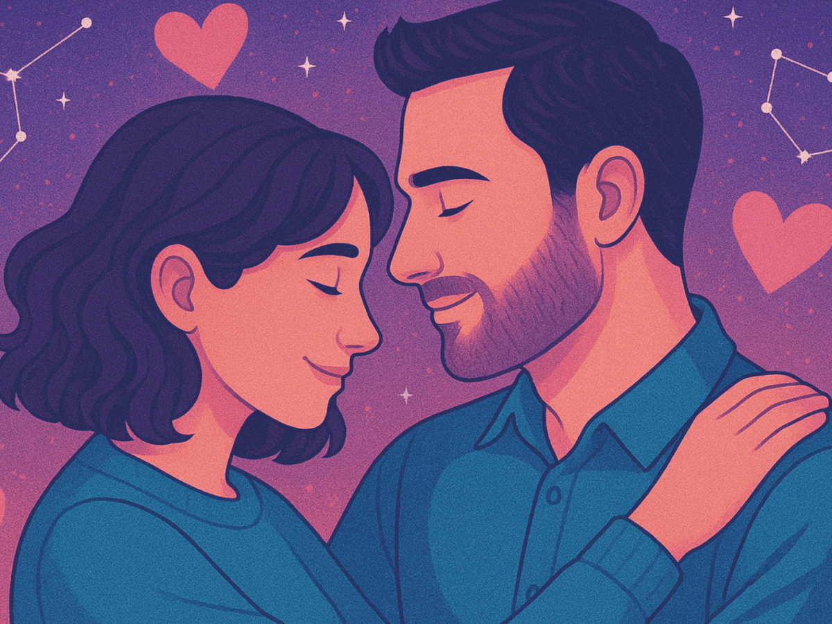 Illustriertes Bild von Mann und Frau mit Herzen und Sternbildern im Hintergrund