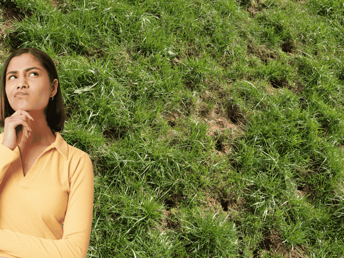 Frau schaut nachdenklich im Hintergrund Rasen mit Löchern