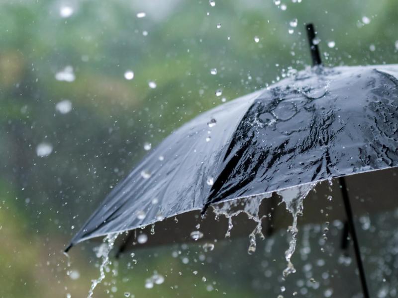 Der Ausschnitt eines Schirms bei starkem Regen.