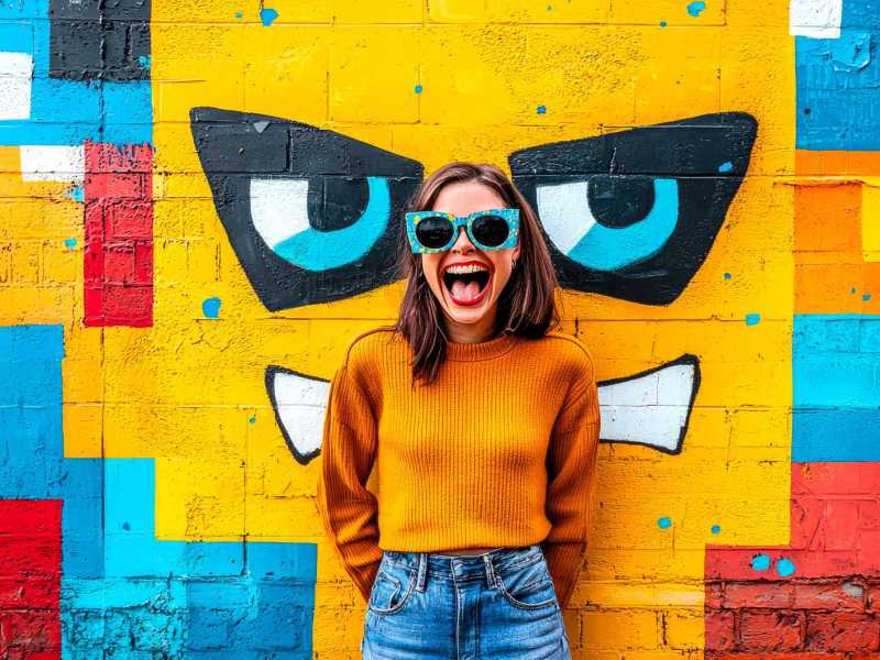 Junge Frau steht vor einer bunten Wand.