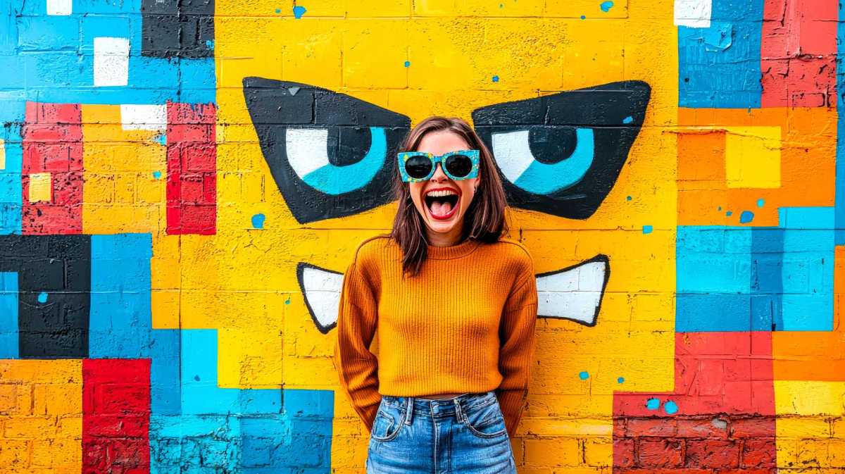 Junge Frau steht vor einer bunten Wand.