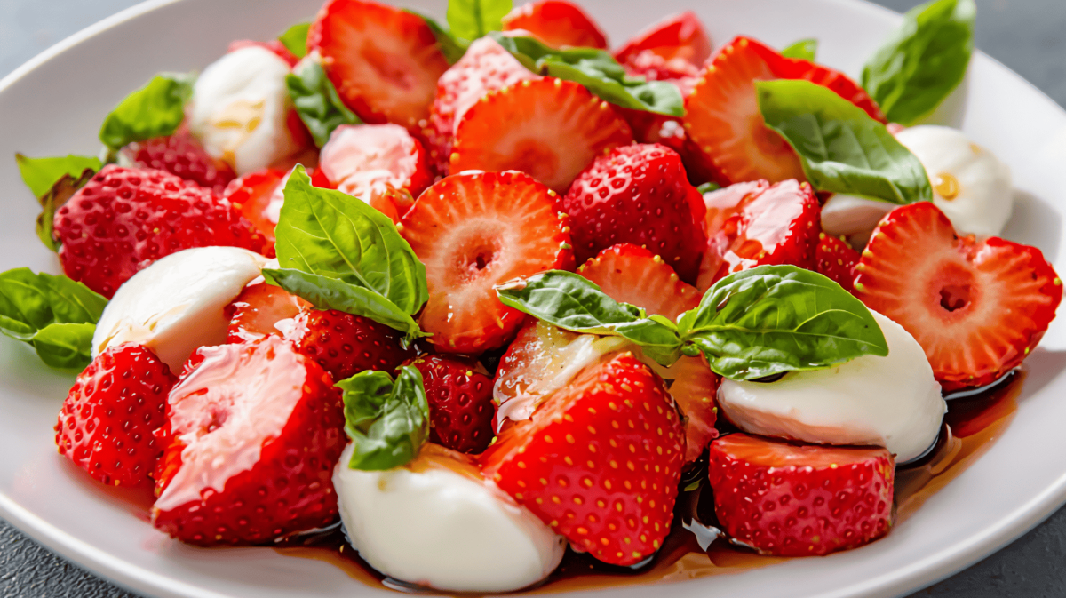 Erdbeer-Caprese Salat mit Basilikum auf weißem Teller.