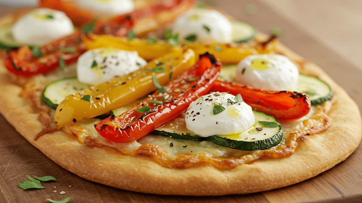 Fladenbrot-Pizza mit Zucchini, Paprika und Käse auf einem Holzbrett.