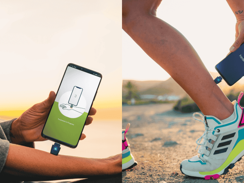 collage zwei bilder, Weibliche Person verwendet Stichheiler am Arm, weibliche Person verwendet Stichheiler am Bein,draußen