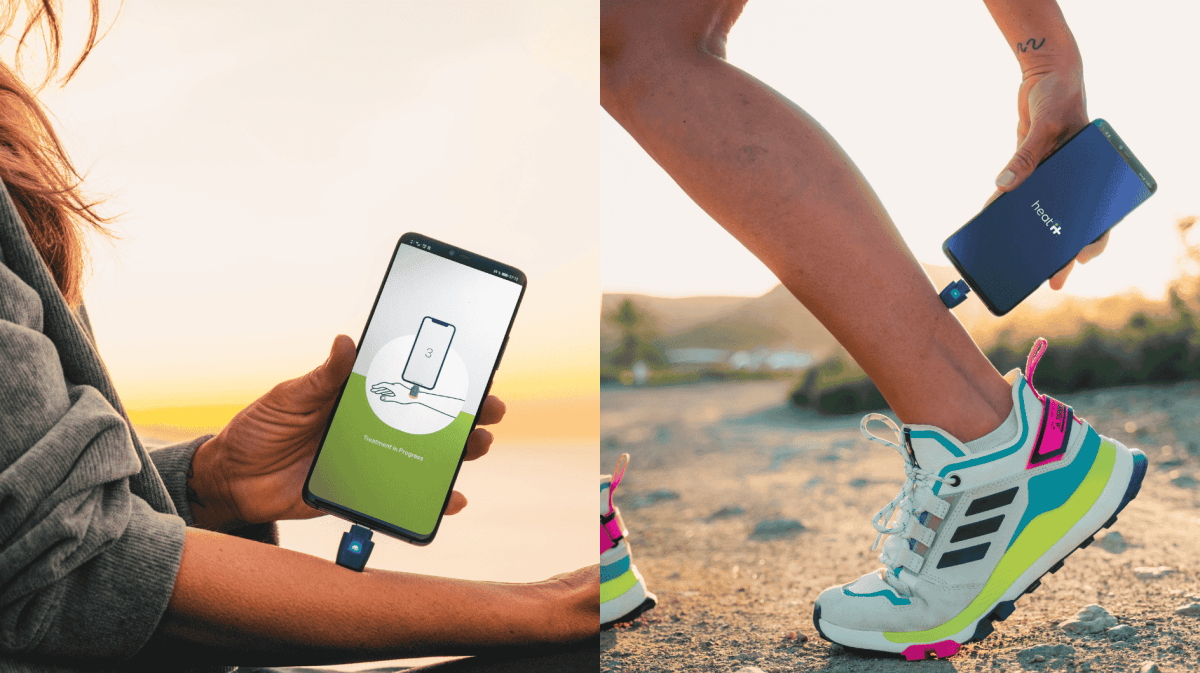 collage zwei bilder, Weibliche Person verwendet Stichheiler am Arm, weibliche Person verwendet Stichheiler am Bein,draußen