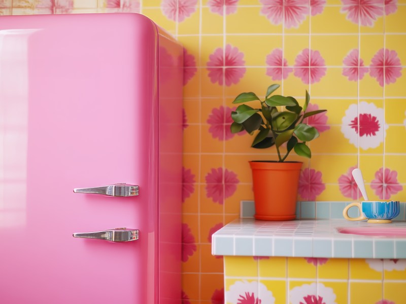 Pinker Kühlschrank in bunter Küche