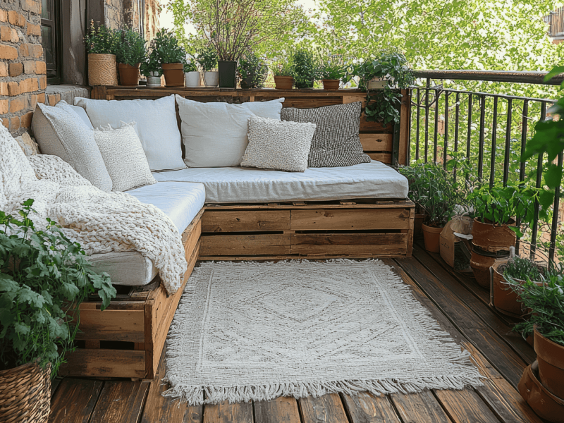 Gemütlicher Balkon mit Outdoorteppich in der Mitte.