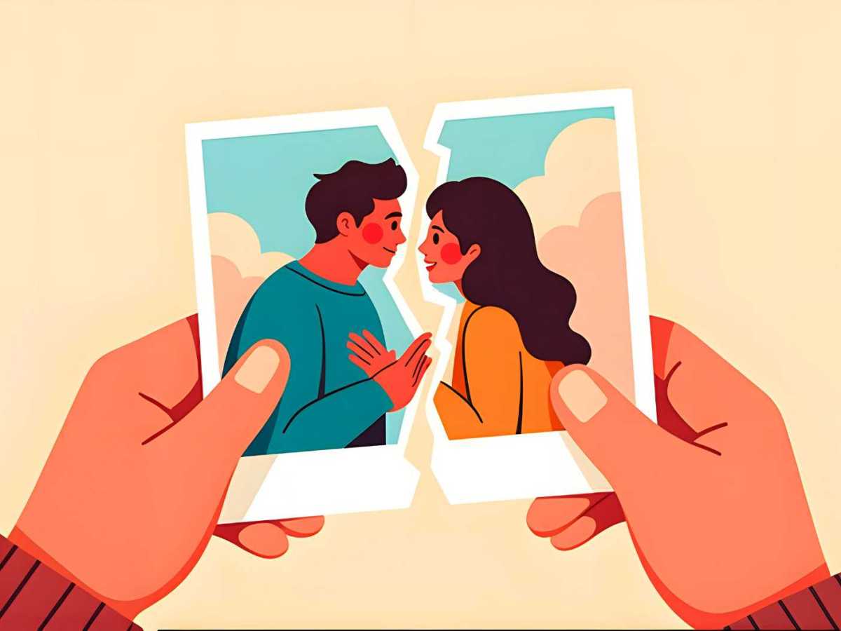 Eine Illustration zeigt die H&auml;nde einer Person, die ein zerrissenes Foto eines Paares festh&auml;lt.