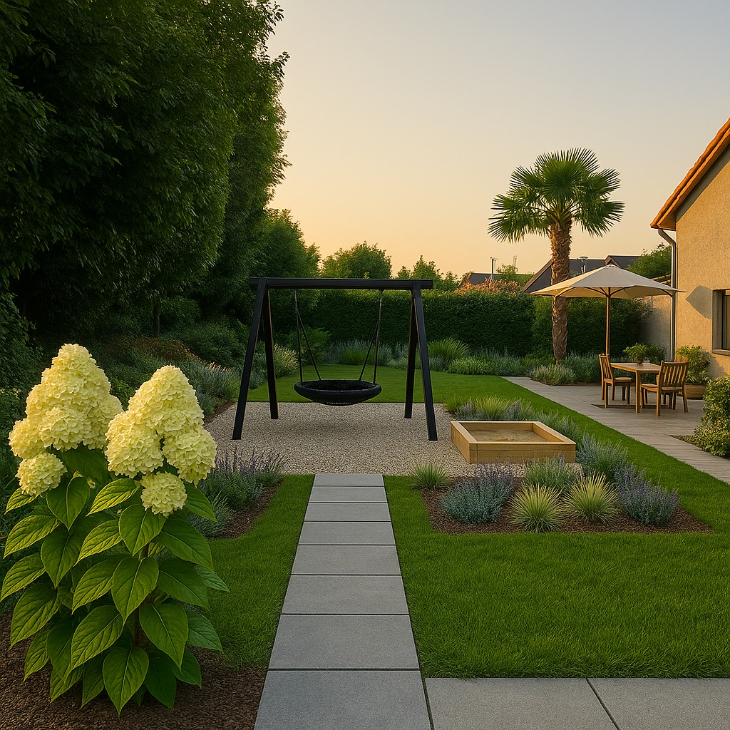 Garten Vislualisierung durch ChatGPT mit Spielbereich