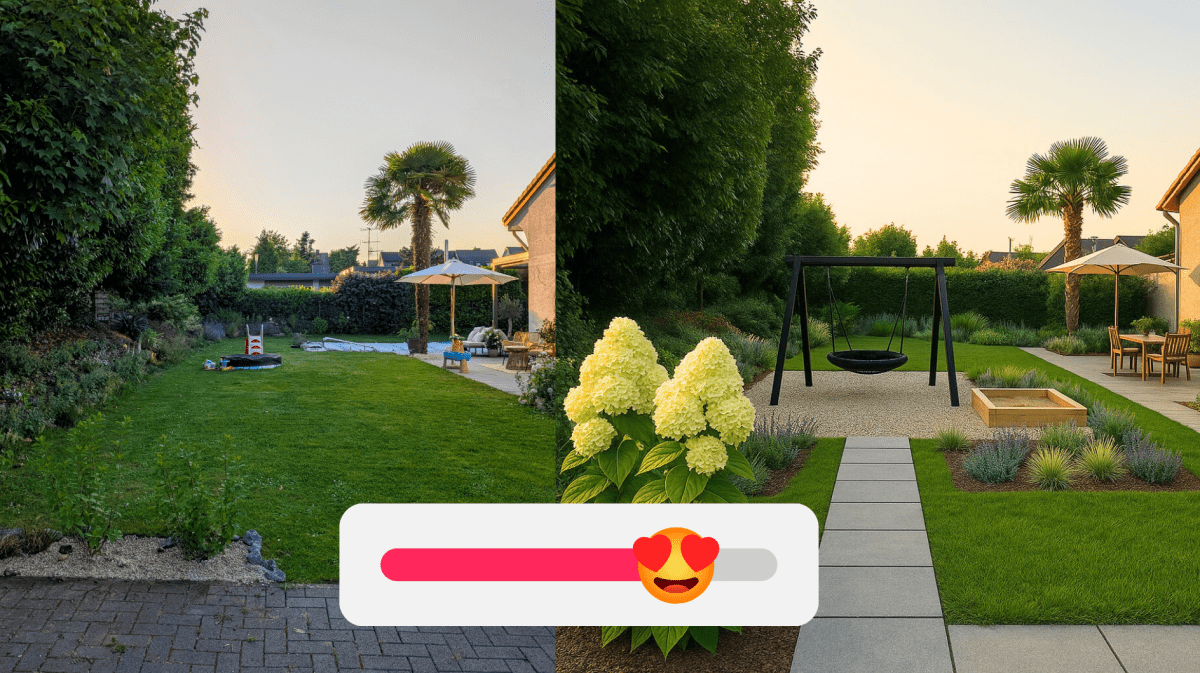 Gartenplanung mit ChatGPT: links Foto, rechts Visualisierung