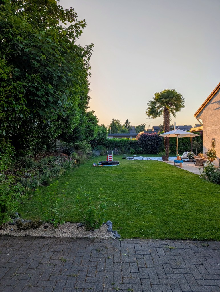 Garten mit Rasen, Palme und Schirm