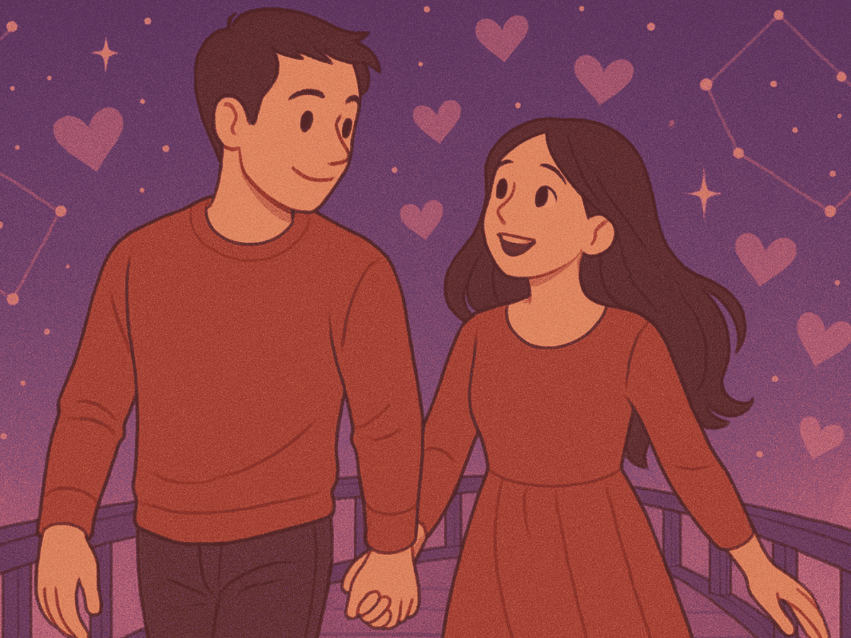Illustriertes Bild von Mann und Frau, die Hand in Hand &uuml;ber eine Br&uuml;cke gehen und sich verliebt anschauen