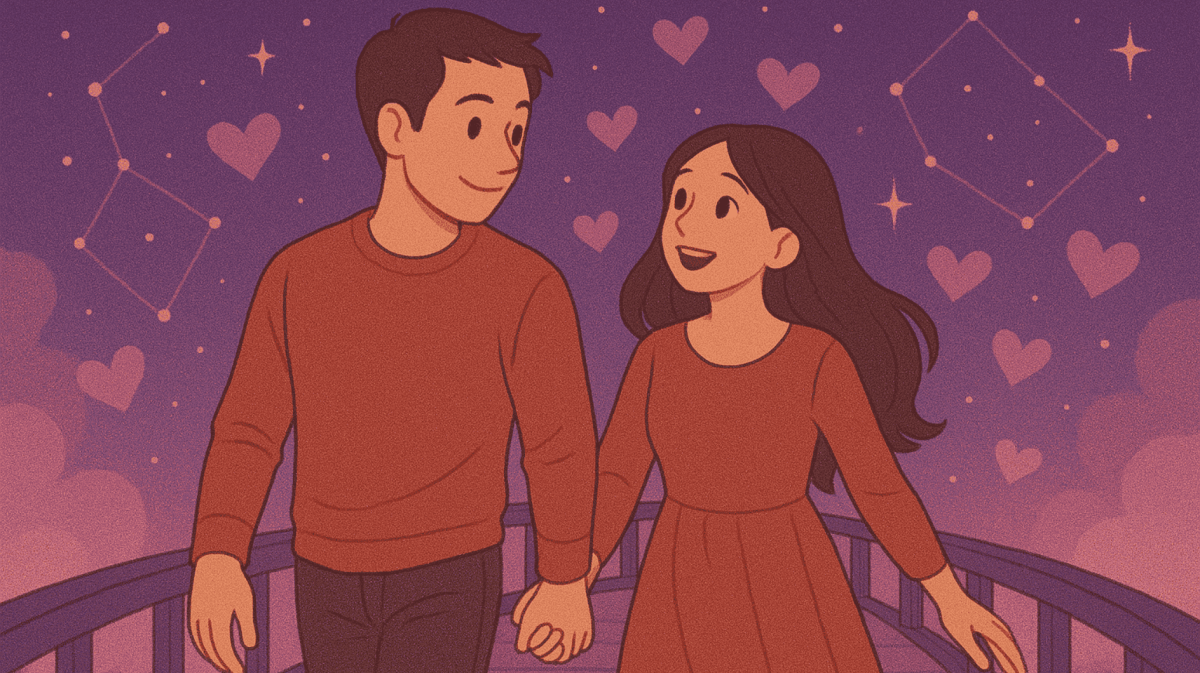 Illustriertes Bild von Mann und Frau, die Hand in Hand über eine Brücke gehen und sich verliebt anschauen