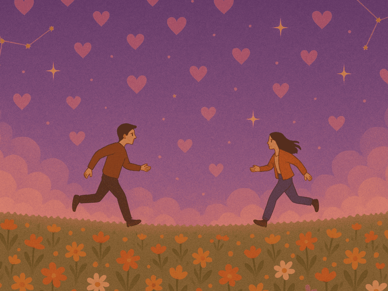 Illustriertes Bild von Mann und Frau, die auf einer Blumenwiese aufeinander zu laufen. Im Hintergrund Herzen und Sternbilder.