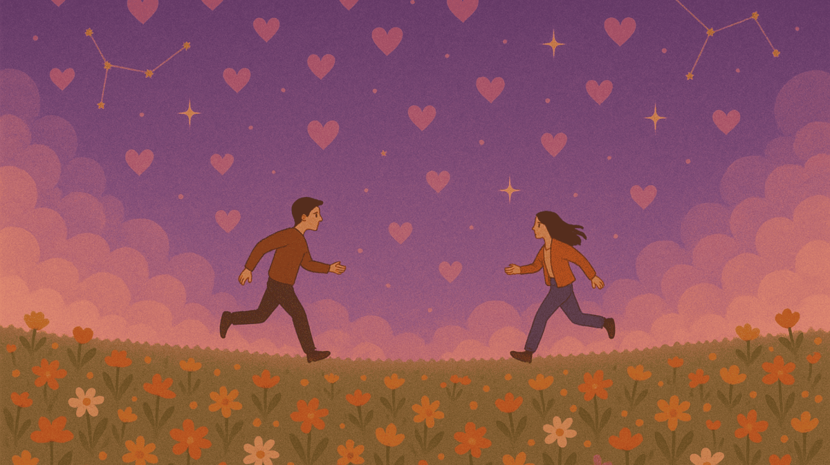 Illustriertes Bild von Mann und Frau, die auf einer Blumenwiese aufeinander zu laufen. Im Hintergrund Herzen und Sternbilder.
