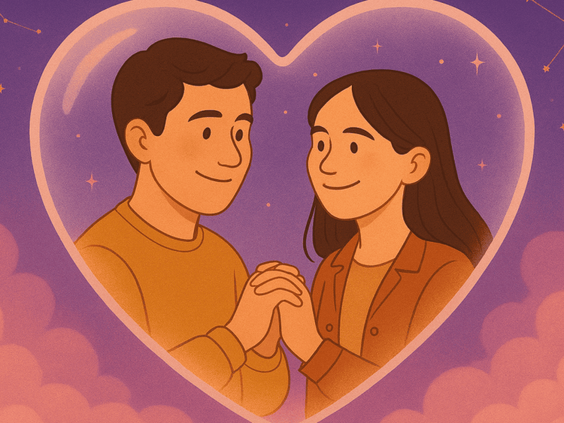 Illustriertes Bild von Mann und Frau in einer Seifenblas in Herzform umgeben von rosa Wolken und Sternbildern an einem lila Himmel