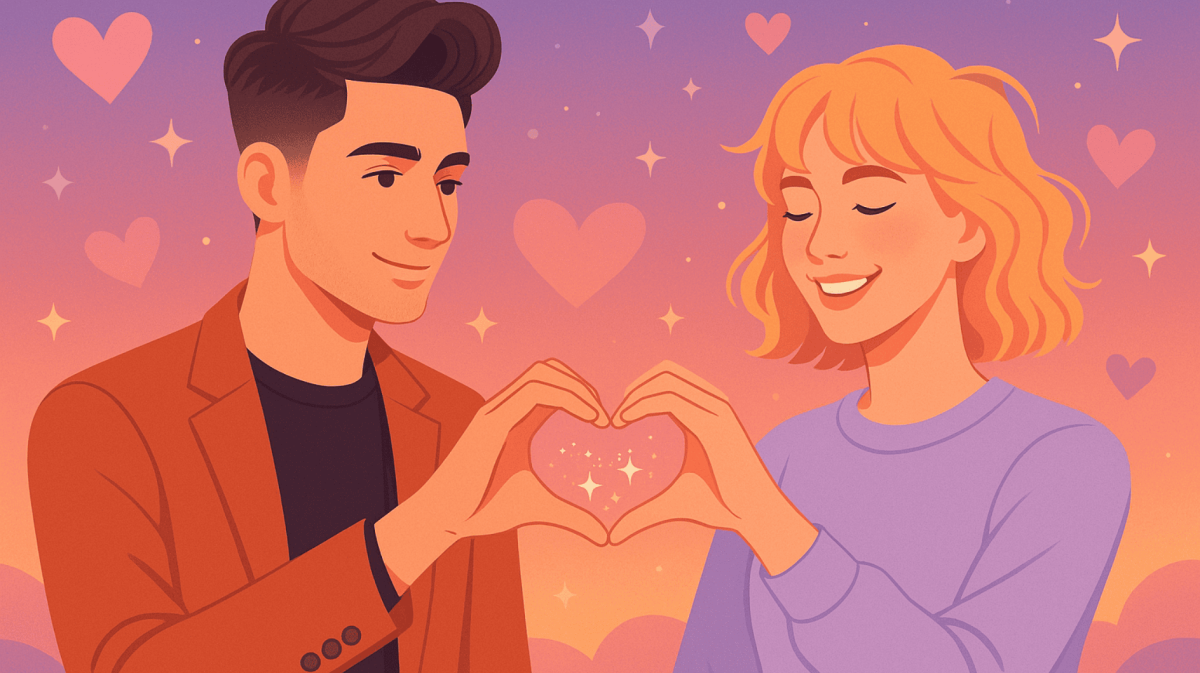 Illustriertes Bild von Mann und Frau, die ein Herz mit ihren Händen formen.