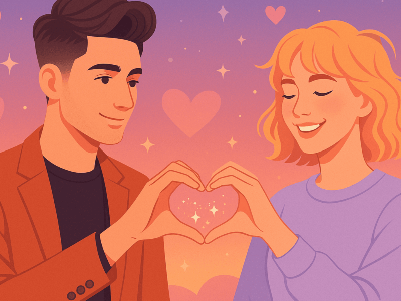 Illustriertes Bild von Mann und Frau, die ein Herz mit ihren Händen formen.