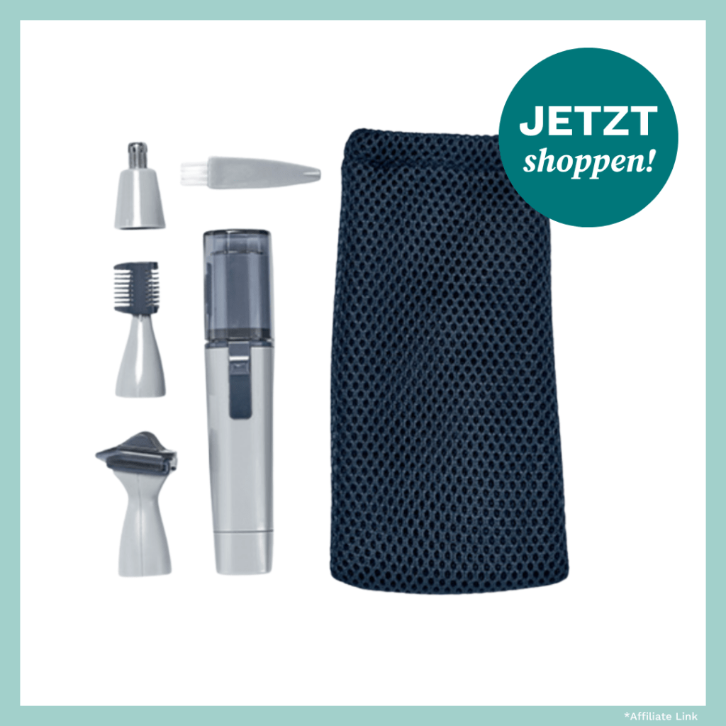 Kompakter Rasierer mit vier verschiedenen Aufsätzen und einer Reisetasche.